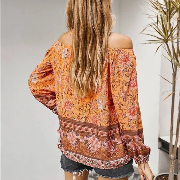 Boho floral print off shoulder blouse- Yellow - Picture 6 of 12